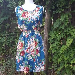 Drunken Tango Floral Print Blue Pullover Dress L